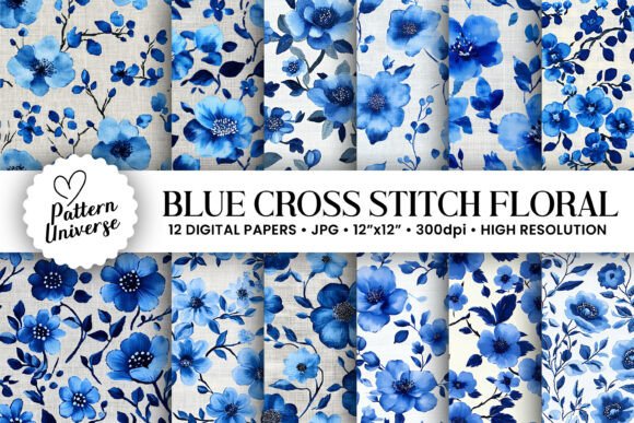 Blue Cross Stitch Floral Digital Papers: A Creative Resource for Modern Crafters