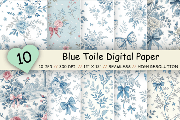 Blue Toile Digital Paper and Coquette Bow: A Versatile Kit for Creative Projects