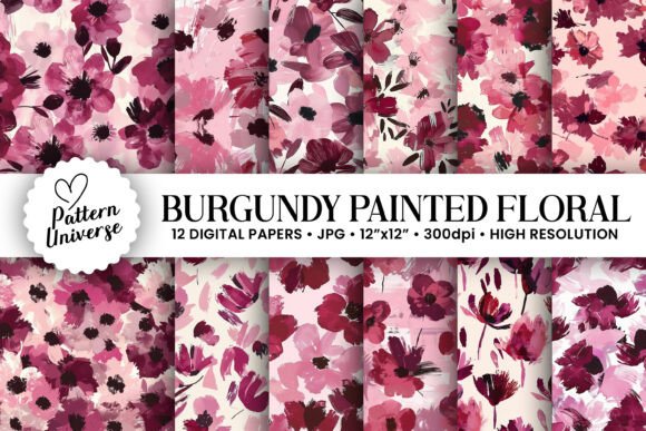 Burgundy Painted Flowers Digital Papers