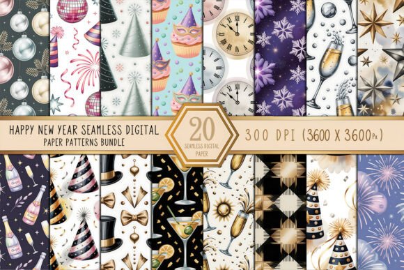 Happy New Year Digital Paper Bundle: 20 Vibrant Seamless Patterns