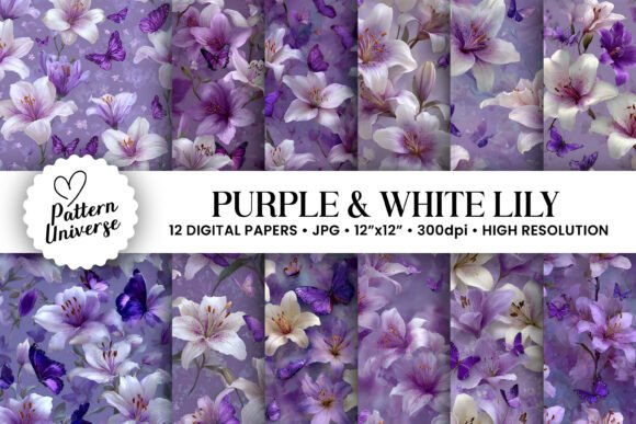 Purple White Lily Floral Butterfly Paper