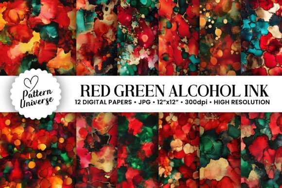 Red Green Alcohol Ink Digital Papers