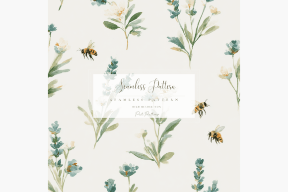Watercolor Bees and Lavender Seamless Pattern PNG
